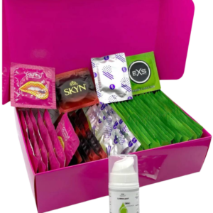 Súprava vrúbkovaných kondómov – Stimulation pack (72 ks) + SE hrejivý lubrikačný gél 15 ml + silikónové putá Handcuffs