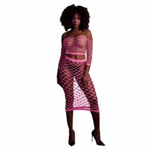 Dlhý rukáv, crop top a dlhá sukňa - Jedna veľkosť - Neónová ružová